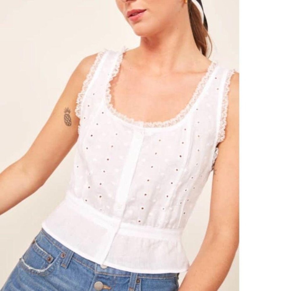 Reformation EUC Women Linen Top Sz 12 Lace Blouse